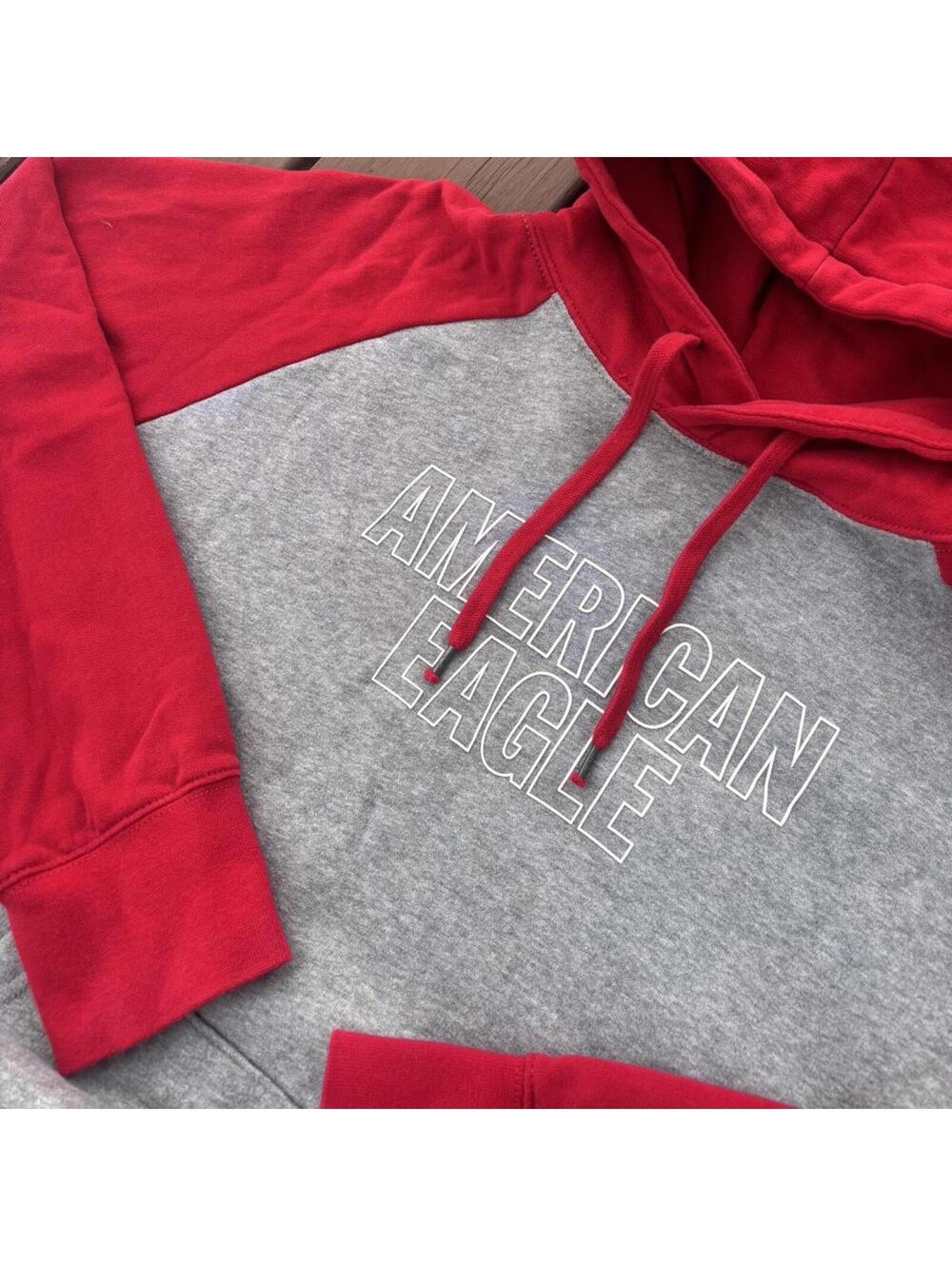 American Eagle Hoodie Super Soft Red Gray Raglan Sweatshirt Men’s Large 23x27